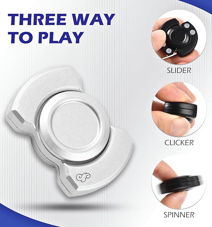 Metal Fidget Toys Adults,3 Play Model (Fidget Spinner,Fidget Clicker,Fidget Slider),Ultra-Silent,High-Speed Rotation,Compact Stress Relief Toy for Adult(Silver)