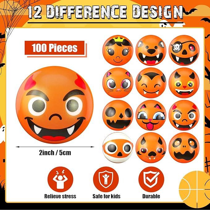 Libima 100 Pcs Halloween Face Stress Balls Bulk 2 Inch Foam Face Squeeze Balls Mini Funny Stress Relief Ball for Kids Adults Coworkers Relief Squeeze Finger Exercise School