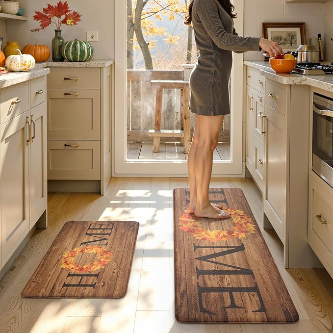 KIMODE Fall Kitchen Mat Anti Fatigue, Farmhouse Maple Leaves Kitchen Rugs Sets of 2, Autumn Cushioned Kitchen Floor Mats, Comfort Kitchen Rugs Non Slip for Floor Sink, Laundry, Desk 17"x47"+17"x29"