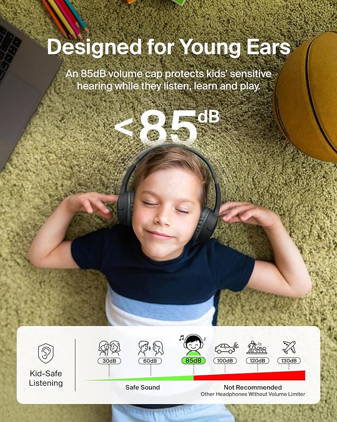 Belkin SoundForm Mini Kids Wireless Headphones w/Built-in Microphone, 30H of Playback Time, Fun Stickers, & Case - Over-Ear Headsets for Online Learning, School, iPhone, iPad, Galaxy, & More - Black