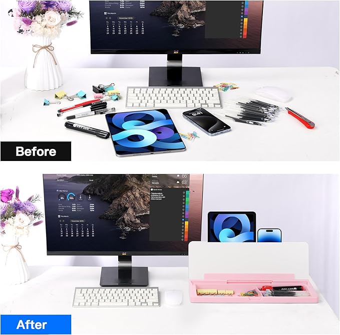 KVY Pink Desk Whiteboard with Storage,Desktop Glass Dry Erase White Board Organizers Supplies with Accessories for Women.Office, Home, School Essentials