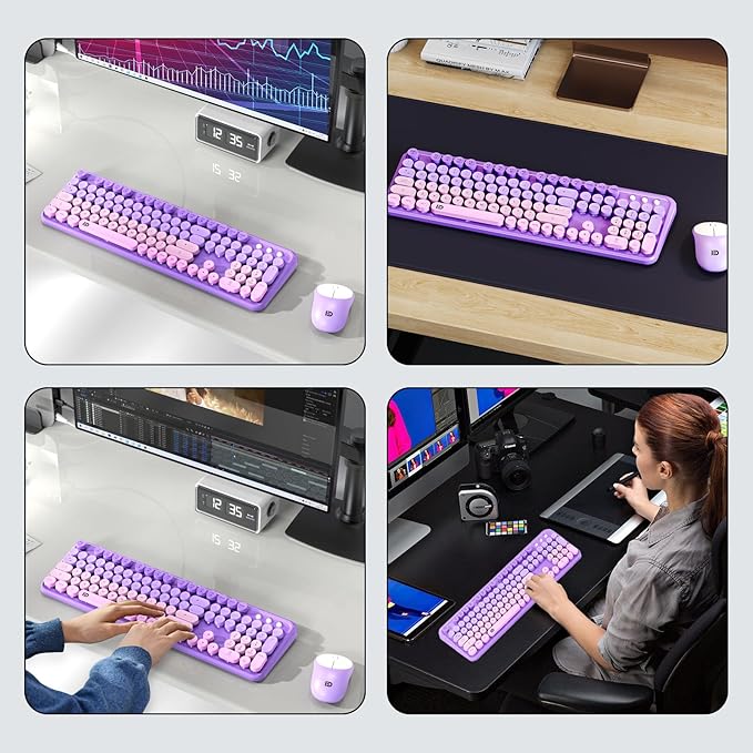 Wireless Keyboards Mouse Combos, Colorful Cute Typewriter Full-Size Retro Creamy Keyboard, 2.4GHz Sleep Mode Office Quiet Wireless Keyboard and Mouse Set for Desktop Laptop PC Computer(Purple)
