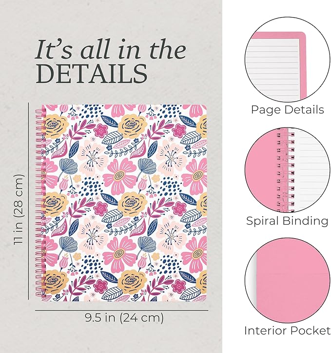 Steel Mill & Co Cute Large Spiral Notebook College Ruled, 11" x 9.5" with Durable Hardcover and 160 Lined Pages, Mosaic Floral