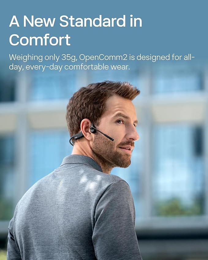 OpenComm2 2025 Upgrade - Open-Ear Bone Conduction Headphones, Wireless Bluetooth Headset with Noise Canceling Mic & Mute Button for Work Calls and Meetings, 16 Hour Talk Time for Mobile & PC - C120