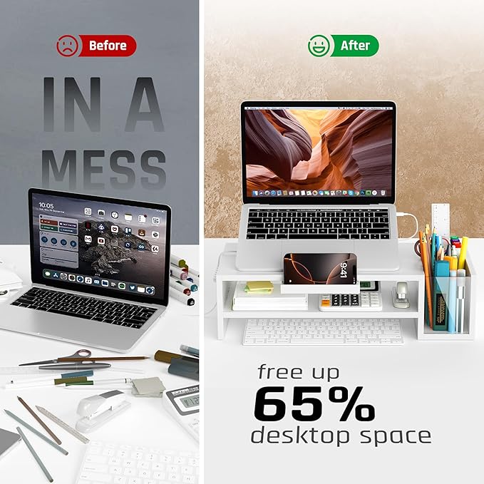 Adjustable Wood Laptop Stand, Ergonomic Height & Angle Stand with Pen Holder – Compatible with MacBook Air/Pro, Dell, HP, Lenovo & 10-17.3" Laptops – White