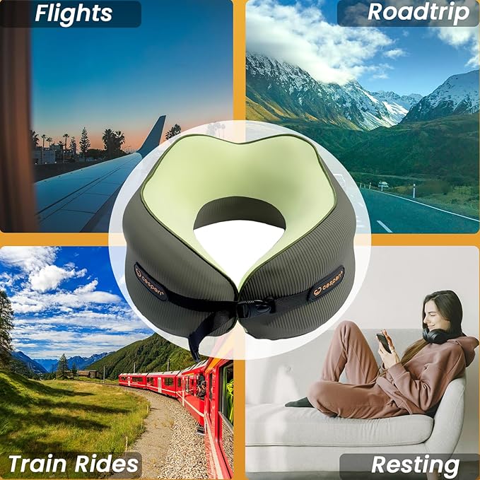Cesperi® Travel Neck Pillow for Airplanes, Ergonomic Design, Airplane Neck Pillow with Memory Foam, Travel Essentials for Flights, Car Rides, and Home Rest, M Size, 140-210LB (Avocado Green)