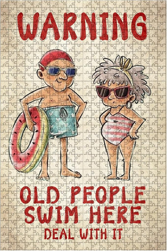 500 Piece Wooden Jigsaw Puzzle Old People Swim Here Deal with it for Adults & Kids Challenging Brain Teaser with Educational Value Stress Relief Focus Tool for Family Bonding 20.4x15 Inch