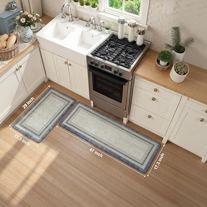 KIMODE Anti Fatigue Kitchen Mat 2PCS,Non-Skid Waterproof Kitchen Rugs,Farmhouse Kitchen Mat for Floor,Cushioned Comfort Foam Standing Mat for Laundry,Office,Sink,Desk,Blue and Gray
