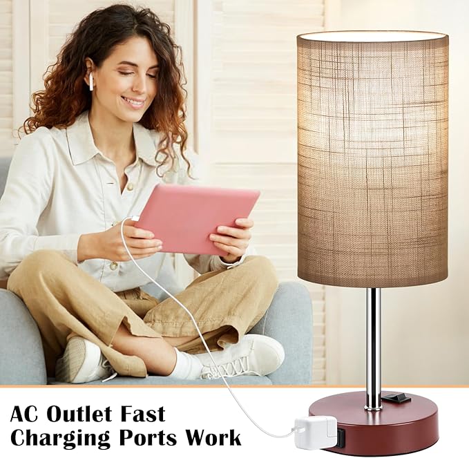 ZJOJO Table Lamp for Bedroom Set of 2, Bedside Small Lamps with 3 Way Dimmable Rocker Switch and AC Outlet, Nightstand Desk Lamp with Gray Fabric Shade Brown Base for Living Room Home Decor Lights