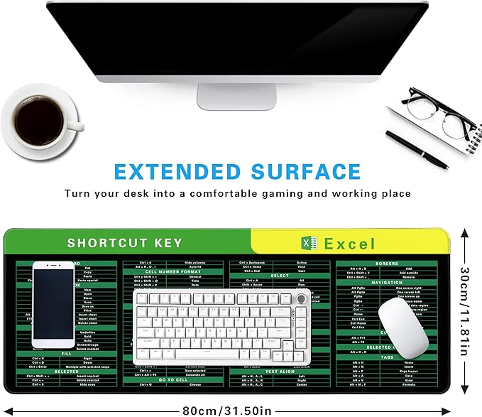 Excel Cheat Sheet Desk Pad, 31.5"x11.8", Waterproof Extra Large Excel Shortcut Mat with Stitched Edges, Anti-Slip Excel Mouse Pad for Office Desk, MS Excel/Word Shortcuts (Green Excel C)