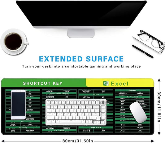Excel Cheat Sheet Desk Pad, 31.5"x11.8", Waterproof Extra Large Excel Shortcut Mat with Stitched Edges, Anti-Slip Excel Mouse Pad for Office Desk, MS Excel/Word Shortcuts (Green Excel C)