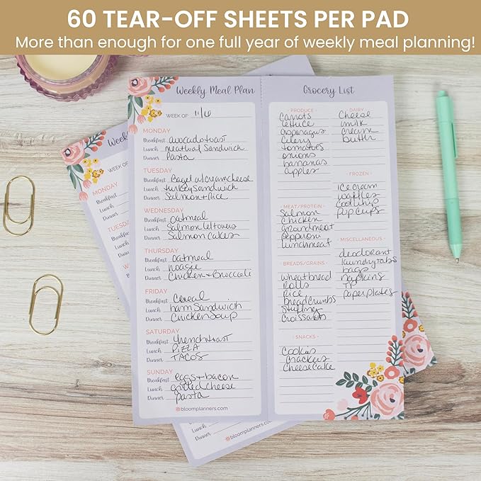 bloom daily planners Weekly Magnetic Meal Planning Pad for Fridge with Tear-Off Grocery Shopping List - Hanging Food/Menu Organizer Notepad with Magnets - 8.5” x 11”
