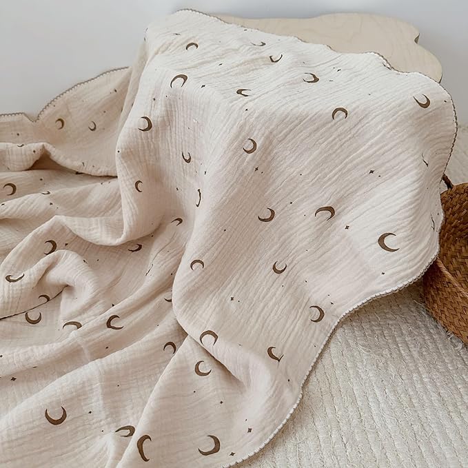 BuLuTu 100% Cotton Toddler Blankets Soft Breathable Crib Blanket for Infant Baby Girls Boys, Ultra Lightweight Muslin Baby Nursery Blankets,Moon Pattern,47"x51"