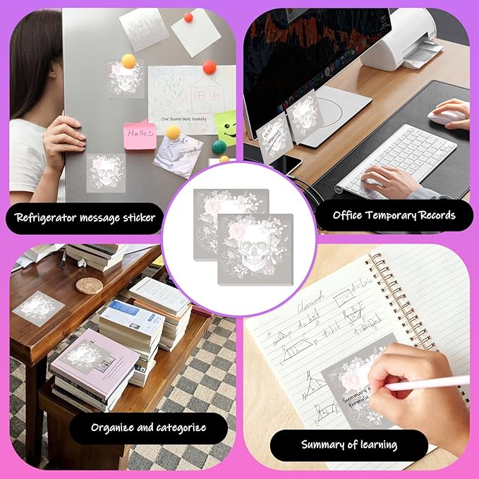 Sticky Notes 3x3 Inches, 2 Pads Cute Colorful Self-Stick Note Pads, Easy to Post for Home, Office and Daily Life Organization Cute Flower Skull