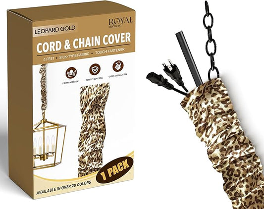 Royal Designs, Inc. Cord & Chain Cover 4 ft Silk Type Fabric, Chandelier Pendant Lighting Chain & Cable Management, Touch Fastener, Leopard Gold - 1 Pack
