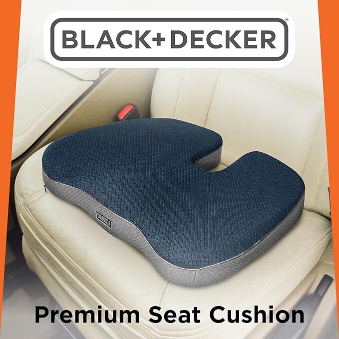 BLACK+DECKER Quilted Knit Memory Foam Seat Cushion U Seat Cushion for Office Chair, Car, Wheelchair & Airplane – Ergonomic, Pain Relief, Non-Slip Backing, Washable Cover, Blue/Grey