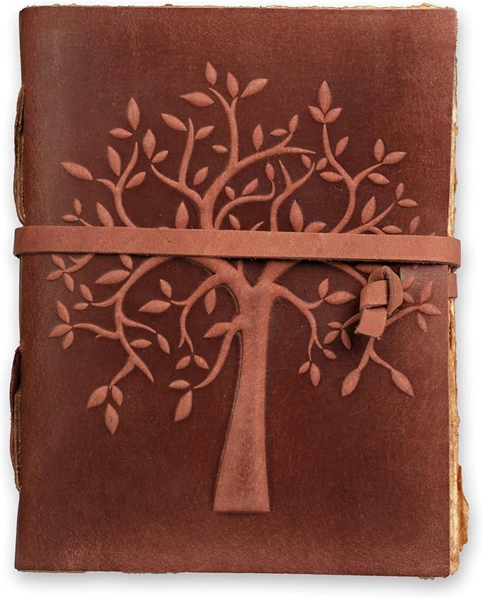 LEATHER VILLAGE Tree of Life Journal - 13 X 8 inches - Red Brown - 200 Antique Deckle Edge Handmade Paper – Book of Shadows - Vintage Leather Bound Journal for Women & Men