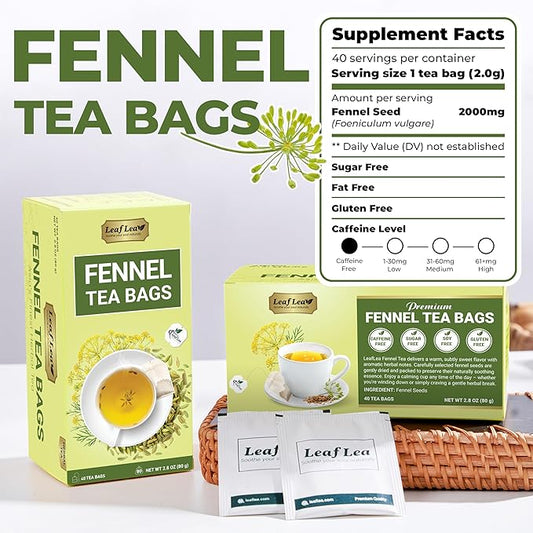 LeafLea 40 Fennel Tea Bags, 100% Natural & Pure Fennel Seed Tea, Gentle Digestion & Fresh Breath, Mild Sweet Finish, Caffeine-Free, Sugar-Free, Vegan, Non-GMO, Individually Wrapped