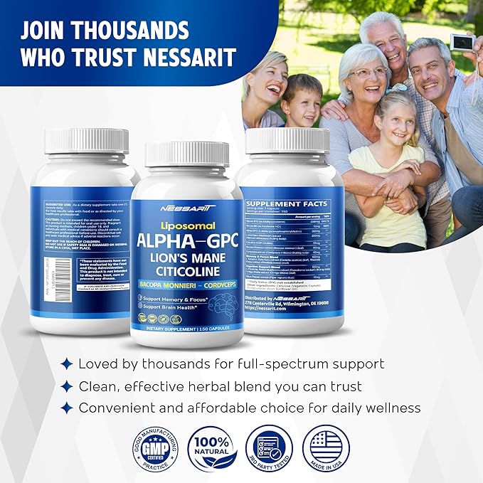 Liposomal Alpha-GPC, Lion’s Mane, Citicoline, Bacopa Monnieri & Cordyceps – Support Memory, Focus & Brain Health – 150 Capsules – Made in USA*