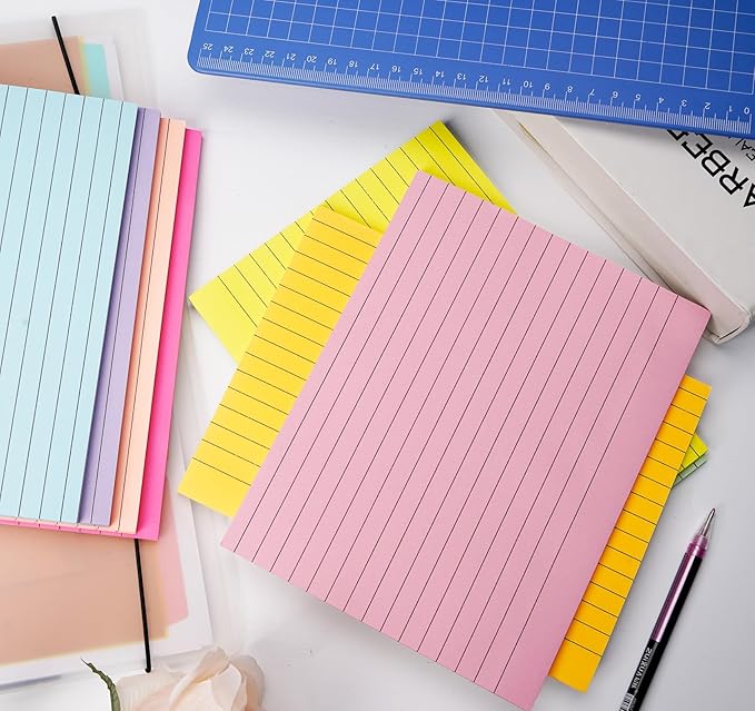 Lined Lined Self Stick 6 x 8 in Post,8 Pack Large Ruled Post Stickies,Ruled Stickies Super Sticking Power Memo Pads Strong Adhesive,Sticky Notes with Lines for Home,Office,School,50 Sheets/pad