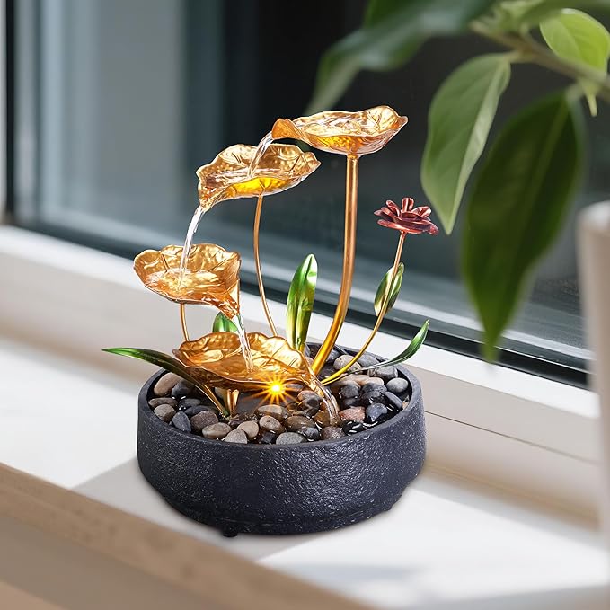 Tabletop Fountain Metal Lotus Circulating Fountain Water Feature for Zen Home Decor Warm Yellow Scene Light(23034)
