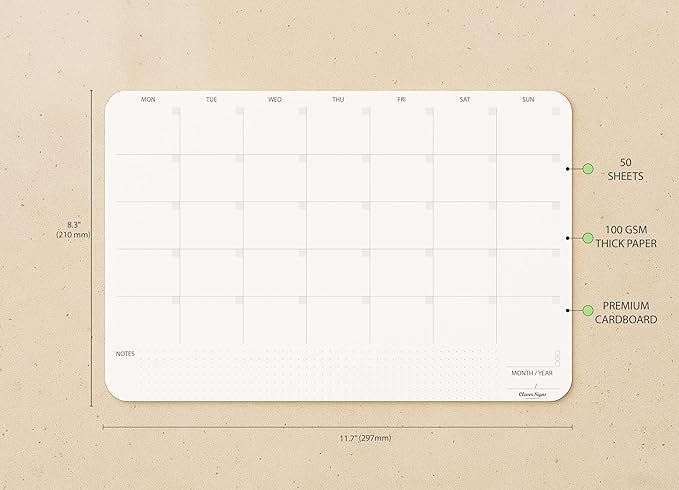 Undated Monthly Planner Notepad,Desk Calendar for Organizing&Scheduling Tasks-Productivity Tracker,Goals,Notes&To-Do Lists–A4 Size (8,3"X11,7")Premium Thick Paper with Cardboard Back Support 50 Sheets