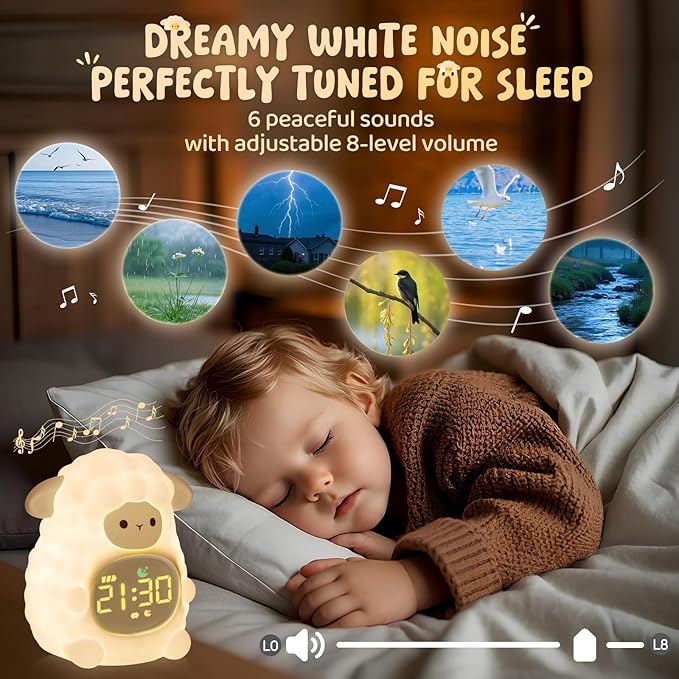 Sheep Alarm Clock with Night Light for Kids with Sleep Training and Sound Machine, Rechargeable Silicone Lamp OK to Wake Clock，Cute Animal Tabletop Lamp, Perfect Sleep Companion for Boys Girls, Khaki