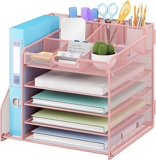 Lavatino Desk Organizer, 5-Tier Metal Mesh Paper Letter Tray with File Holder & 7 Flexible Dividers for Office or Home Desk Organizers and Accessories, Keep Workspace Supplies Neat & Organized, Pink