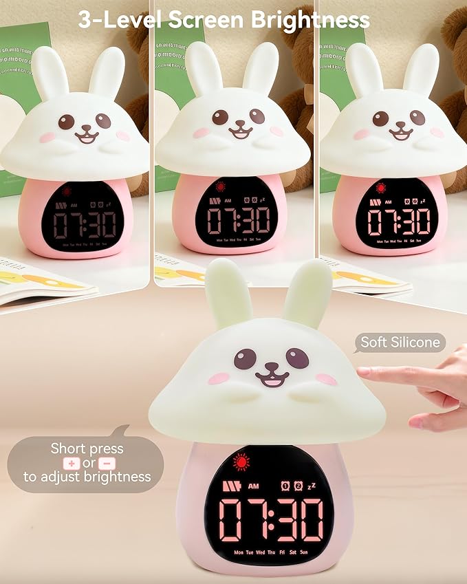 Yiliaw Sleep Training Alarm Clock with Night Light for Kids - Ok to Wake Clock with Dual Alarms, Night Light & RGB Colors, 6 Alarm Tones & White Noise, Rechargeable Clock for Boys & Girls, Bunny