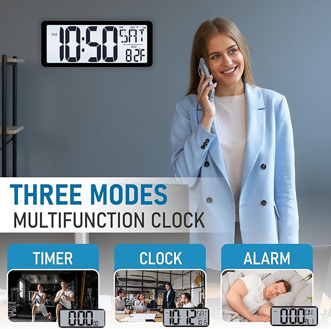 TXL Atomic Clock with Backlight, 14.2" Large Digital Wall Clock Battery Operated, Digital Clock Large Display with Day, Date & Temperature, Large Wall Clock for Bedroom, Livingroom, Office