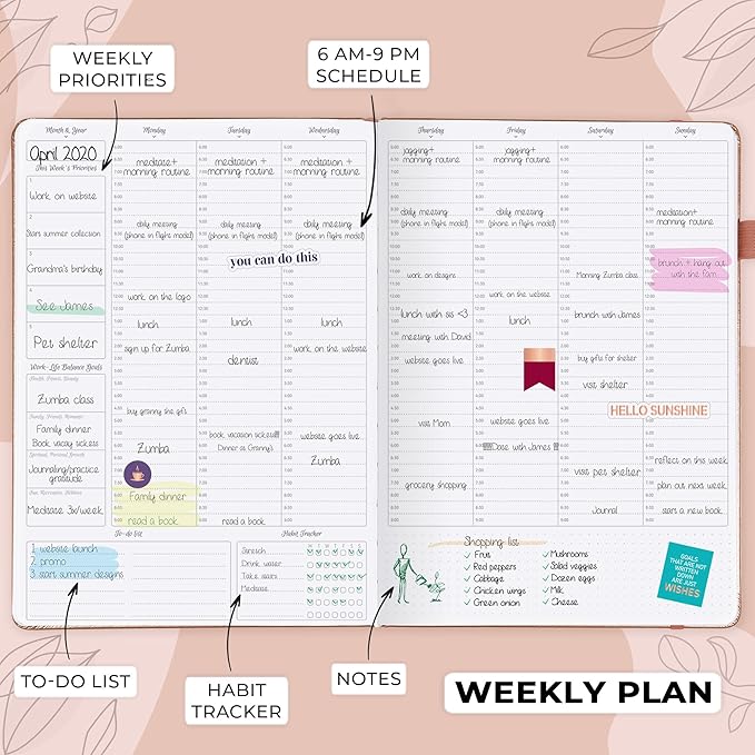 GoGirl Planner PRO Schedule - Undated Planner with Hourly Time Slots, Monthly, Weekly & Daily Organizer, Appointment Book for time Management, 7"x10" Hardcover, Lasts 1 Year - Dusty Pink