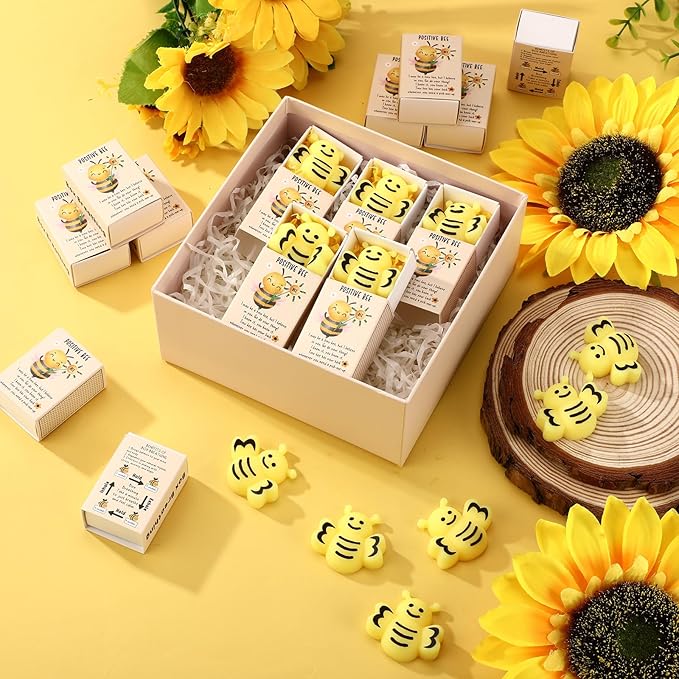 Wettarn 50 Sets Bee Gifts Positive Cute Stress Balls with Support Gift Boxes Inspirational Party Favors for Employee Coworker Friends Office Stress Relief Toys