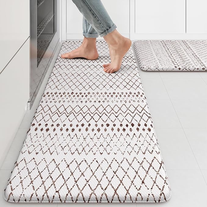 KIMODE Kitchen Mats 2PCS,Cushioned Anti Fatigue Boho Kitchen Rugs and Mats,Non Slip Waterproof Kitchen Mats for Floor,Comfort Foam Standing Desk Mat for Home,Office,Sink,Laundry,Brown and White