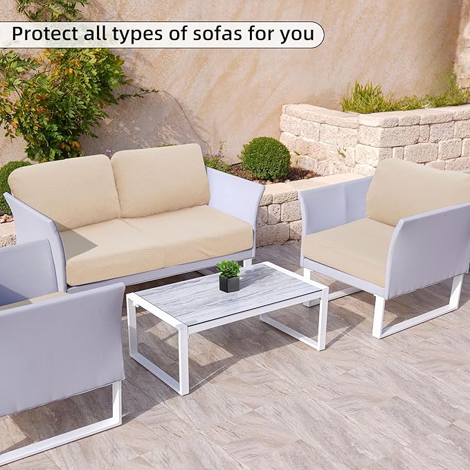 8Pcs Stretch Patio Cushion Cover Outdoor Cushion Cover Replacement Slipcovers Thick Jacquard Textured Twill Fabric Porch Patio Furniture Protector Polyester Fiber (Cream，Cover，Only)