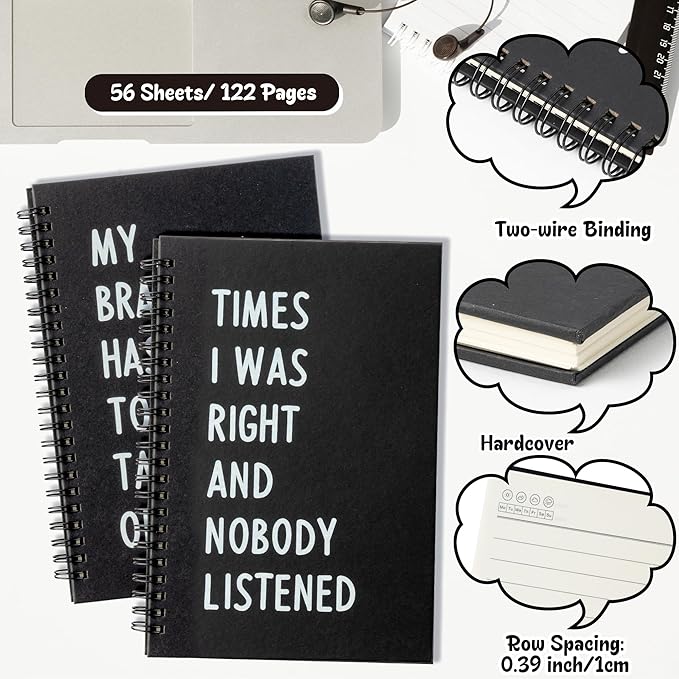 GioXtra Funny Office Notebook - 2Pcs MY BRAIN and TIMES Humorous Work Quote A5 Spiral Notebook Black Hardcover Diary Notepad Office Coworker White Elephant Gift College Student Gag Gift Birthday Favor