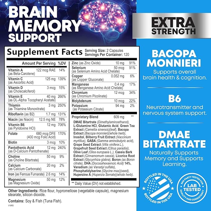 Brain Memory Supplement Pills - Nootropics Support for Concentration, Clarity, Alertness & Focus - Brain Health with Bacopa, Cognitive Vitamins, Phosphatidylserine, DMAE - Brain Booster - 240 Capsules