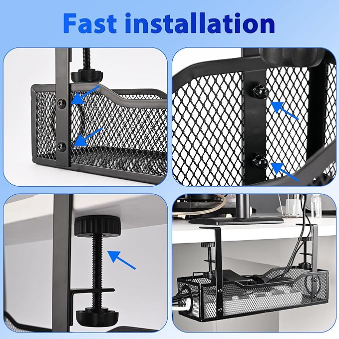 No Drill Under Desk Cable Management Tray – Clamp-On Metal Cable Organizer for Power Cords – Easy Install Wire Holder for Home Office Desk (Black)
