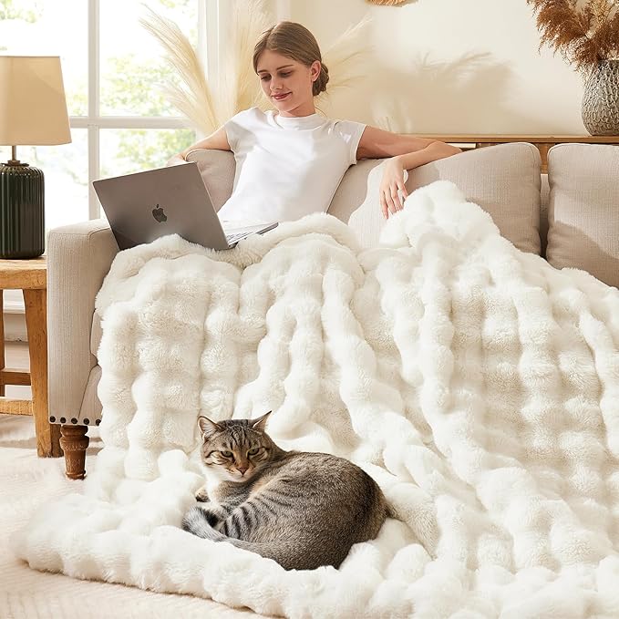 L'AGRATY Faux Fur Throw Blanket: 60" x 80" Luxury Soft Fluffy Thick Rabbit Fur Blankets for Twin Bed Couch - Cozy Plush Bubble Blankets for Winter: Warm Flannel Fleece Decorative Blanket(Cream White)