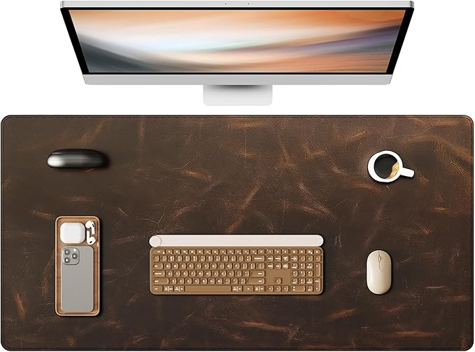 YSAGi Leather Desk Mat, 31.5"x15.8"Real Leather Desk Pad,3mm Thick Desk Blotter with Stiched line,Oil-Wax Feel Mouse pad and Self-Healing Laptop Pad for Home & Office(Classic Dark Brown)