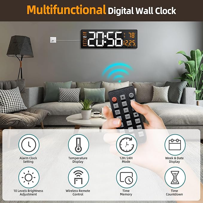 LEIKE 16.2'' Large Digital Wall Clock with Remote Control, Big LED/Dual Alarm/Auto Brightness/Date/DST/Temperature/Night Light Gym Clocks for Living Room Bedroom Office Classroom Wall Decor