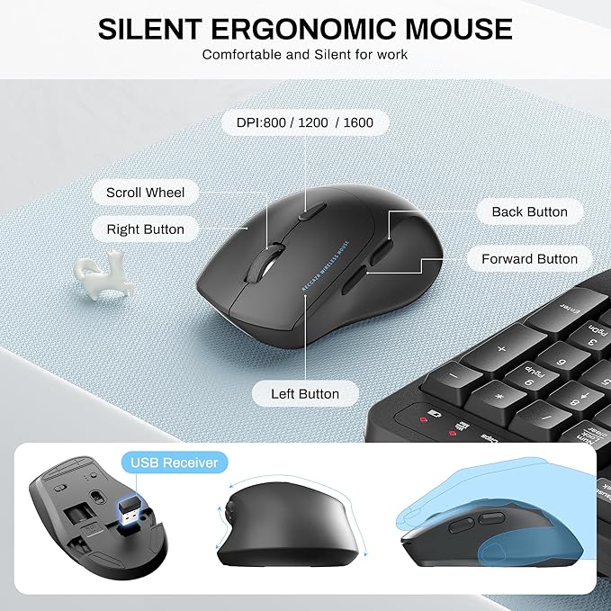 Wireless Keyboard and Mouse Combo,2.4G Full Size Wave Keys Ergonomic Keyboard with Wrist Rest for Natural Typing, 3 DPI Adjustable Ergonomic Silent Mouse for Computer/Laptop/Windows/Mac (Grey)