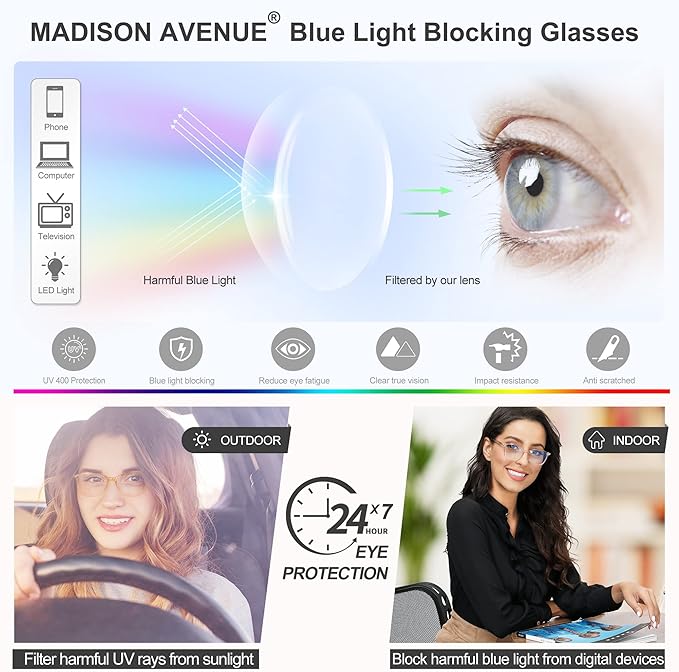 Madison Avenue Blue Light Blocking Glasses Anti Eyestrain UV Glare Blue Light Glasses for Women TV Phone Computer Gaming Eyeglasses (Clear Blue)
