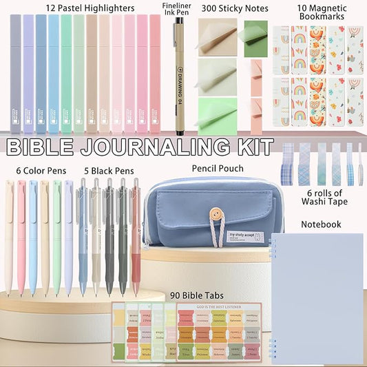 54Pcs Bible Journaling Kit with Pencil Case, Bible Highlighters and Pens with Tabs, Notebook, Bible Study Supplies Journel Essentials Accessories Tools for Women,Back to School Gifts (Blue)