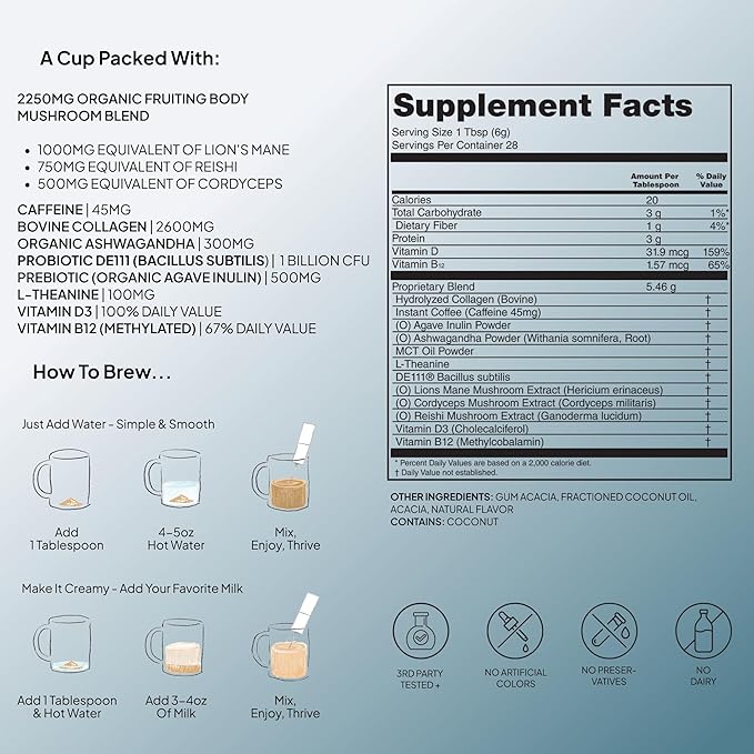 Atlas+ Coffee Superblend– Instant Mushroom Coffee with Lion’s Mane, Reishi, Cordyceps, Ashwagandha, Probiotics, Vitamin D3 & B12– for Energy, Focus, Immunity & Gut Health– 28 Servings (1 Bag)