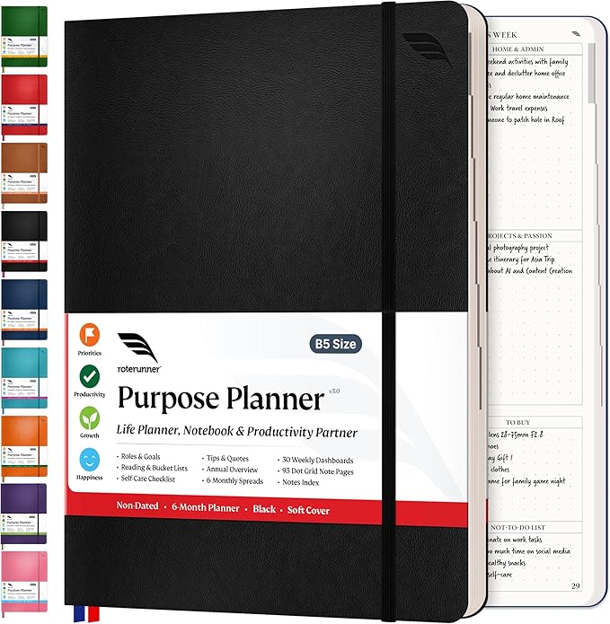 Purpose Planner B5 Undated Monthly Weekly Daily Productivity Journal 2024 Life Health Goal Setting Business Tool for Professionals Moms Academic Student Organizer Notebook (7.5”x9.8” Black Softcover)