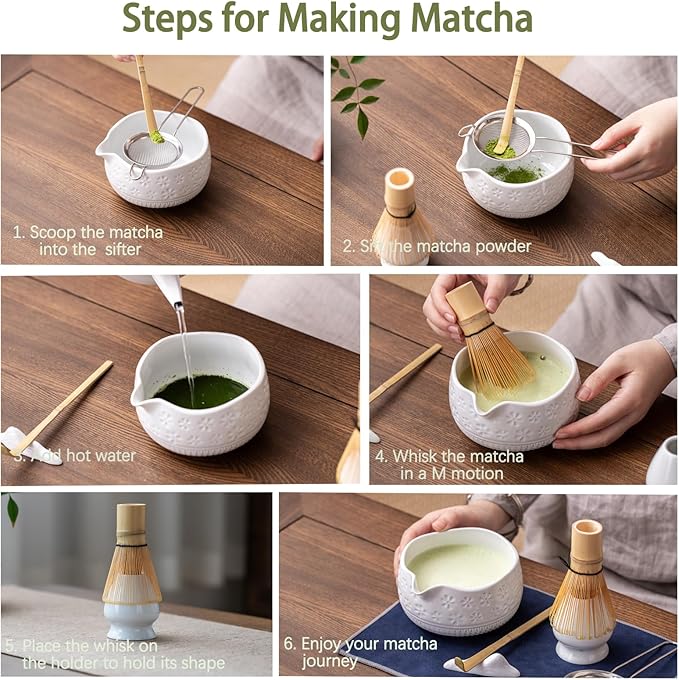 Matcha Whisk Set, Ceramic & Bamboo, 7 Pcs, White, Includes Bowl, Whisk, Holder, Scoop, Rest, Sifter, Tea Towel