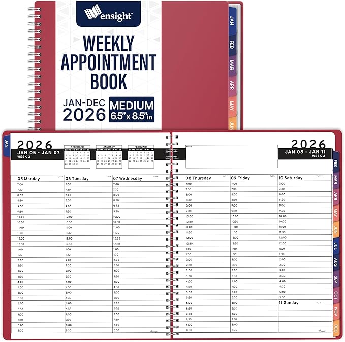 Ensight 2026 Appointment Book & Planner Ensight 6.5 x 8.5 inches Large Tabbed Daily Hourly Weekly Planner Schedule Book 30 Minute time Slots Business & Personal Planner Jan 2026 Dec 2026 Maroon