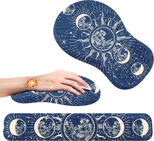 MEKASS Ergonomic Mouse Pad and Keyboard Wrist Rest Set, Super Soft Memory Foam Desk Wrist Support for Computer Keyboard, Non-Slip Arm Palm Rests Cushion for Typing Gaming Office (Blue Sun and Moon)