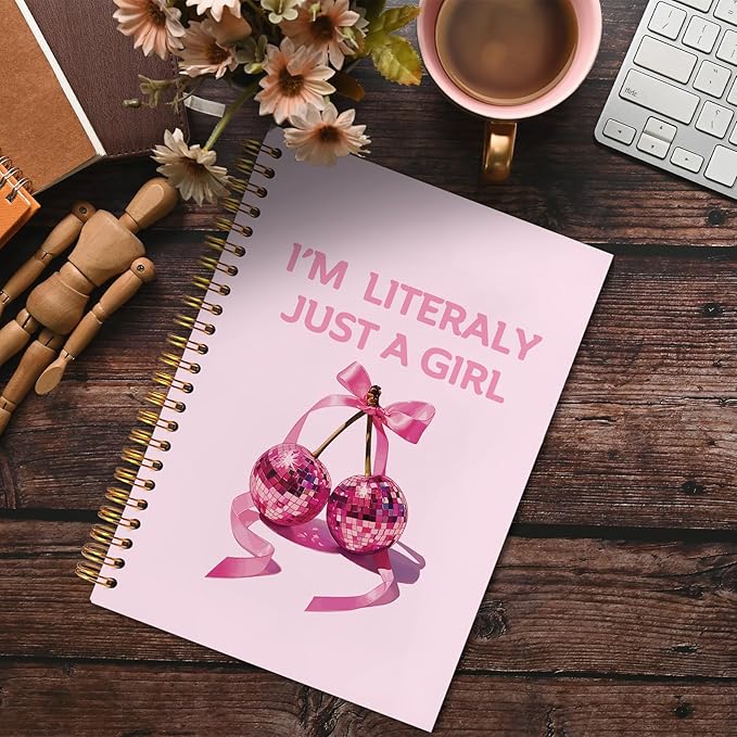 I'm Literally Just a Girl Pink Coquette Cherry Bow Spiral Notebook 5.5x8.3, Preppy Girly Journal for Women, Pink Office Supplies, Aesthetic Notebooks for Note Taking