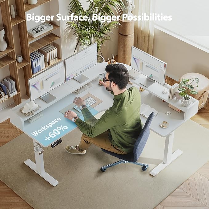 Agilestic L Shaped Standing Desk, Corner Desk with Monitor Shelf, Adjustable Height Gaming Table, Sit Stand Up Table, 63 x 55 Inch Home Office Computer Workstation, Splice Board, White